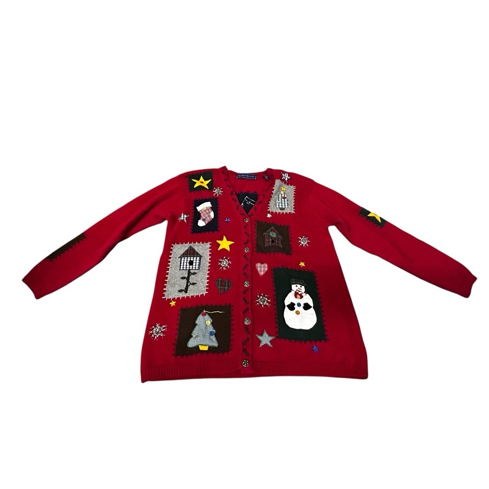 Karen Scott Womens Med Cardigan Red Sweater Button Embroidery‎ Christmas Snowman